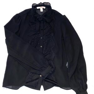 Black sheer blouse w/ lace front and tie neck.